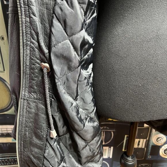 BLUELINE & COMPANY Vintage Black Leather Short Trench Jacket Hooded Women Small - Picture 8 of 16